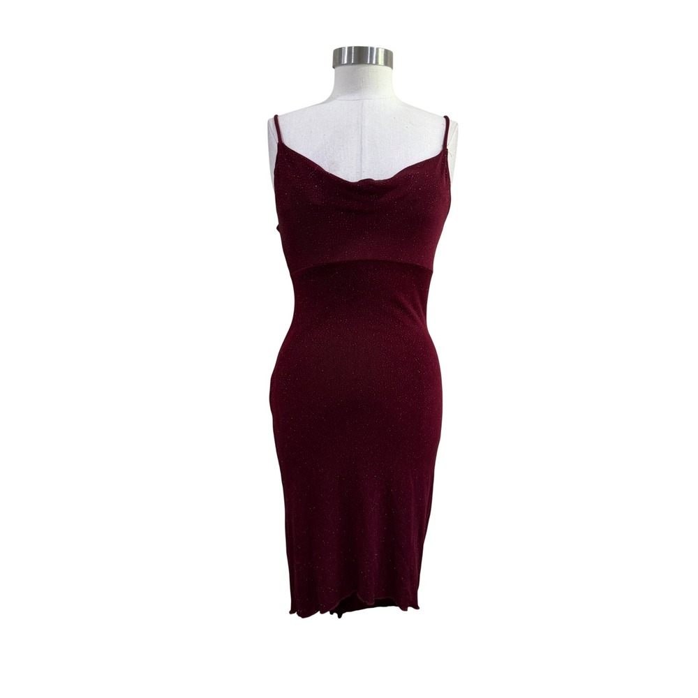 Y2K Wetseal Burgundy Glitter Cowl Neck Midi Dress Spaghetti Strap Red Sparkle S